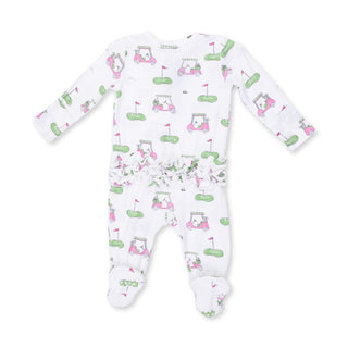Angel Dear 2 Way Ruffle Back Zipper Footie - Golf Carts Pink
Baby onesie with golf-themed print on a white background