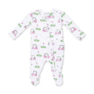 Angel Dear 2 Way Ruffle Back Zipper Footie - Golf Carts Pink
Baby onesie with golf-themed pattern on a white background