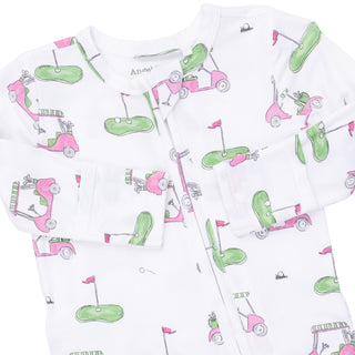 Angel Dear 2 Way Ruffle Back Zipper Footie - Golf Carts Pink
Two baby onesies with scooter and golf pattern on a white background