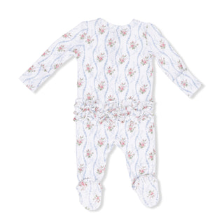Angel Dear 2 Way Ruffle Back Zipper Footie - Heirloom Rose Stripe
Floral patterned baby onesie on a white background