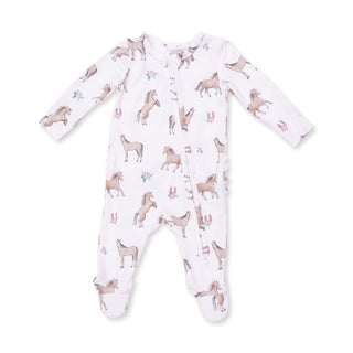 Angel Dear 2 Way Ruffle Back Zipper Footie - I Love Horses
Baby onesie with horse pattern on a white background