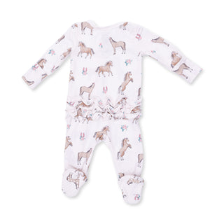 Angel Dear 2 Way Ruffle Back Zipper Footie - I Love Horses
Baby onesie with horse pattern on a white background