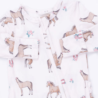 Angel Dear 2 Way Ruffle Back Zipper Footie - I Love Horses
Pattern of horses and floral elements on a white background