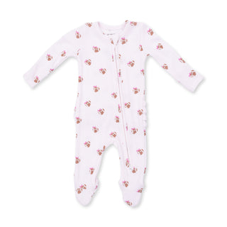 Angel Dear 2 Way Ruffle Back Zipper Footie - Mini Football Hearts
White baby onesie with small colorful patterns on a white background
