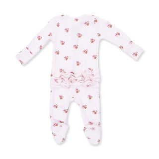 Angel Dear 2 Way Ruffle Back Zipper Footie - Mini Football Hearts
White baby onesie with pink patterns on a white background