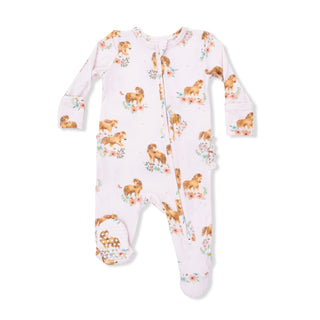 Angel Dear 2 Way Ruffle Back Zipper Footie - Pink Ponies
Baby onesie with lion print on a white background