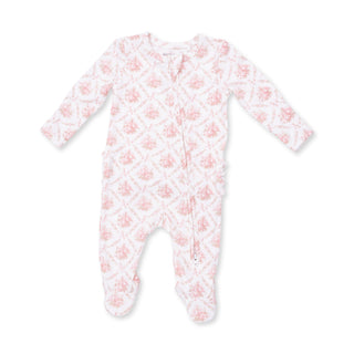 Angel Dear 2 Way Ruffle Back Zipper Footie - Rose Bow Lattice
Floral-patterned baby onesie on a white background
