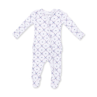 Angel Dear 2 Way Ruffle Back Zipper Footie - Simple Hockey Pink
Baby onesie with purple star pattern on a white background