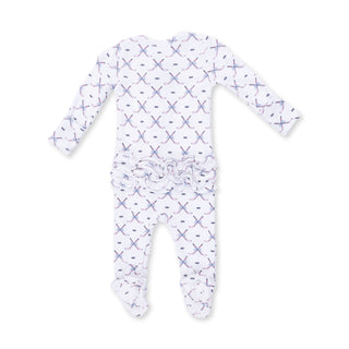 Angel Dear 2 Way Ruffle Back Zipper Footie - Simple Hockey Pink
Baby onesie with purple star pattern on a white background