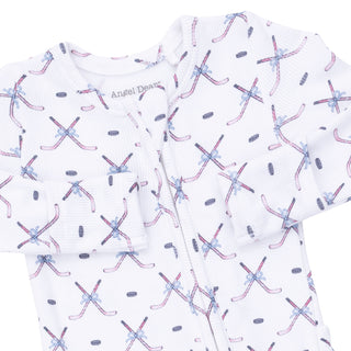 Angel Dear 2 Way Ruffle Back Zipper Footie - Simple Hockey Pink
Two pieces of children's clothing with hockey stick and puck pattern on a white background.