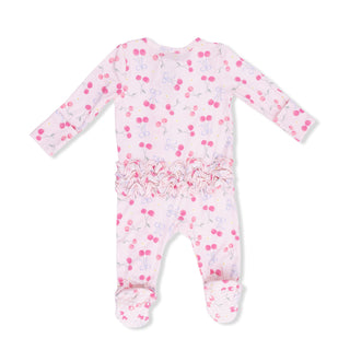 Angel Dear 2-way ruffle back zipper footie with cherry print and sweet bow details, designed for comfortable baby wear.
