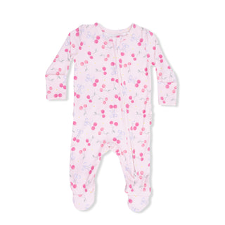 Angel Dear 2-way ruffle back zipper footie in Sweet Bow Cherries with bow and cherry print, soft and cozy for infants.