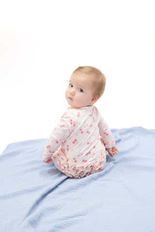 Angel Dear 2 Way Ruffle Back Zipper Footie with sweet bow cherries print, soft fabric, and zipper closure for easy dressing.