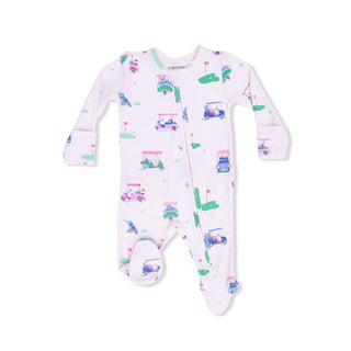 Angel Dear 2 Way Ruffle Back Zipper Footie - Vintage Golf Carts Pink
Baby onesie with car pattern on a white background