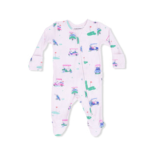 Angel Dear 2 Way Ruffle Back Zipper Footie - Vintage Golf Carts Pink
Baby onesie with car pattern on a white background