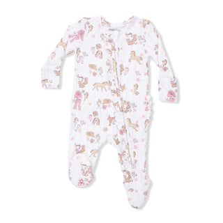 Angel Dear 2 Way Ruffle Front Zipper Footie - Cowgirl Nursery
Baby onesie with animal pattern on a white background