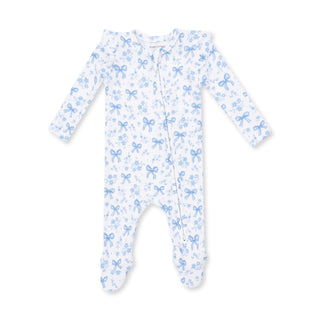 Angel Dear 2 Way Ruffle Sleeve Zipper Footie - Blue Bows and Flowers