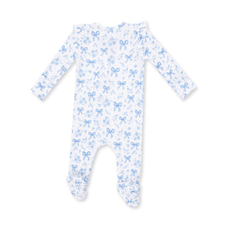 Angel Dear 2 Way Ruffle Sleeve Zipper Footie - Blue Bows and Flowers
Baby onesie with blue bow pattern on a white background