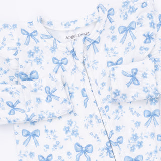 Angel Dear 2 Way Ruffle Sleeve Zipper Footie - Blue Bows and Flowers Baby outfit with blue bow pattern on a white background