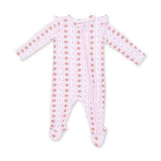 Angel Dear 2 Way Ruffle Sleeve Zipper Footie - Football Bow Stripe
Baby onesie with pink and orange pattern on a white background
