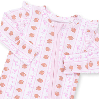 Angel Dear 2 Way Ruffle Sleeve Zipper Footie - Football Bow Stripe
Pink baby onesie with bow pattern on a white background