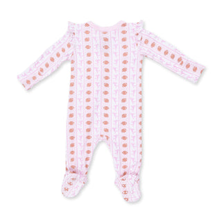 Angel Dear 2 Way Ruffle Sleeve Zipper Footie - Football Bow Stripe
A baby long-sleeve footed sleeper in light pink with a repeating pattern of small brown teddy bears and white bunny silhouettes, shown on a plain white background.