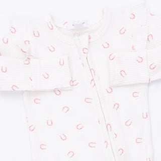 Angel Dear 2 Way Ruffle Sleeve Zipper Footie - Little Horseshoes Pink
White fabric with pink letter 'u' pattern on a white background