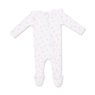 Angel Dear 2 Way Ruffle Sleeve Zipper Footie - Little Horseshoes Pink
White baby onesie with pink patterns on a white background