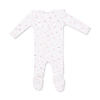 Angel Dear 2 Way Ruffle Sleeve Zipper Footie - Little Horseshoes Pink
White baby onesie with pink heart pattern on a white background