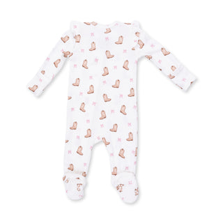 Angel Dear 2 Way Ruffle Sleeve Zipper Footie - Mini Cowgirl Boots
Baby onesie with sock pattern on a white background