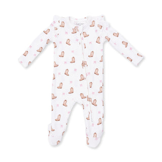Angel Dear 2 Way Ruffle Sleeve Zipper Footie - Mini Cowgirl Boots
Baby onesie with pink booties pattern on a white background
