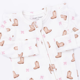 Angel Dear 2 Way Ruffle Sleeve Zipper Footie - Mini Cowgirl Boots
Baby outfit with cowboy boot pattern on a white background