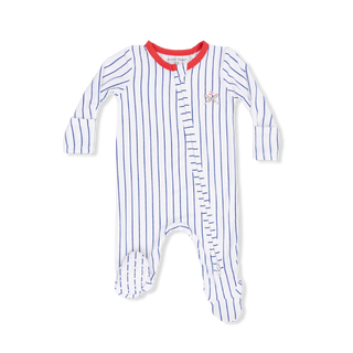 Angel Dear 2 Way Zipper Footie - Baseball Stripe
Baby onesie with blue and white striped pattern on a white background