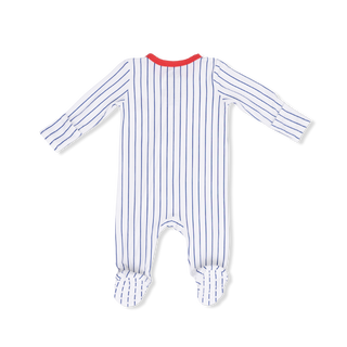 Angel Dear 2 Way Zipper Footie - Baseball Stripe
Striped baby onesie with red trim on a white background
