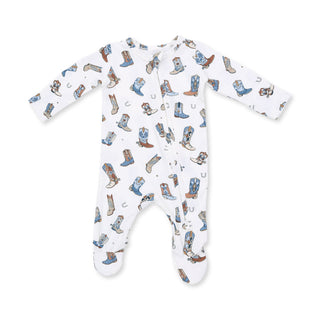 Angel Dear 2 Way Zipper Footie - Buckaroo Boots
A white long-sleeve footed sleeper with an all-over cowboy boot print in blue, brown, and beige, displayed flat against a white background.