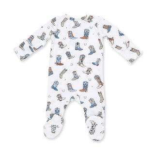 Angel Dear 2 Way Zipper Footie - Buckaroo Boots 
A white long-sleeve baby footed sleeper with an all-over cowboy boots print in blue, brown, and beige, shown on a solid white background.