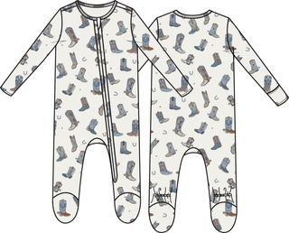 Angel Dear 2 Way Zipper Footie - Buckaroo Boots
Children's onesie with cowboy boot pattern on a white background