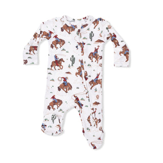 Angel Dear Buckaroo Western 2-way zipper footie for infants, featuring a Western cowboy print and cozy soft fabric.