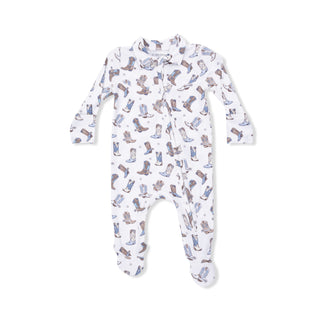 Angel Dear cowboy boots 2-way zipper footie for babies, featuring soft fabric and playful cowboy boot design.