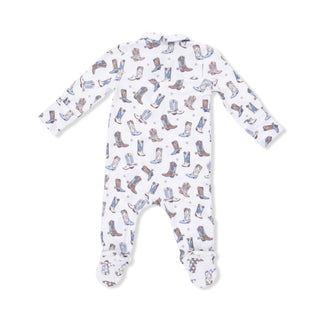 Angel Dear cowboy boots footie with 2-way zipper, soft fabric and detailed cowboy boot design for infants and toddlers.