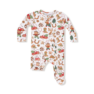 Angel Dear 2 Way Zipper Footie - Cowboy Christmas
Baby onesie with Christmas-themed pattern on a white background