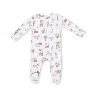 Angel Dear cowboy-themed 2-way zipper footie for babies, featuring playful cowboy print and soft fabric for comfort.