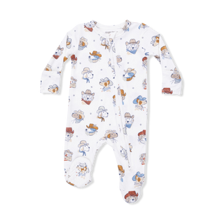 Angel Dear 2 Way Zipper Footie - Cowdogs
Baby onesie with cartoon bear pattern on a white background