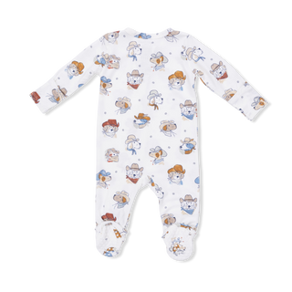 Angel Dear 2 Way Zipper Footie - Cowdogs Baby onesie with cowboy-themed pattern on a white background