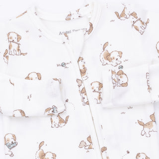 Angel Dear 2 Way Zipper Footie - Explorer Puppy Blue
Fabric with dog pattern on a white background