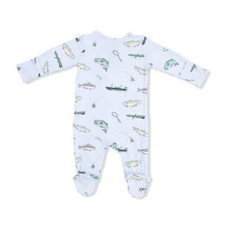 Angel Dear fishing-themed 2-way zipper footie for babies, featuring soft fabric and playful fishing design.