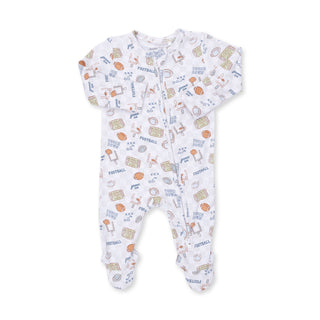Angel Dear 2 Way Zipper Footie - Football Check
Baby onesie with football-themed pattern on a white background