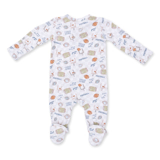 Angel Dear 2 Way Zipper Footie - Football Check
Baby onesie with football-themed pattern on a white background