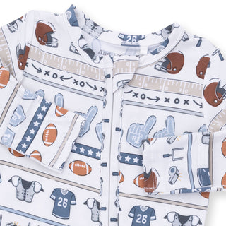 Angel Dear 2 Way Zipper Footie - Football Stripe
Children's pajama set with sports-themed design on a white background
