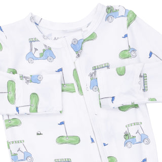 Angel Dear 2 Way Zipper Footie - Golf Carts Blue
Children's pajama set with golf-themed design on a white background